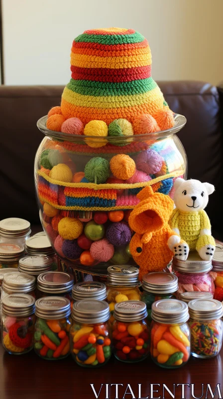 Artistic Display of Rainbow Candy Jars and Teddy Bear AI Image