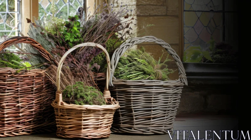Captivating Nature: Wicker Baskets Filled with Plants and Herbs AI Image