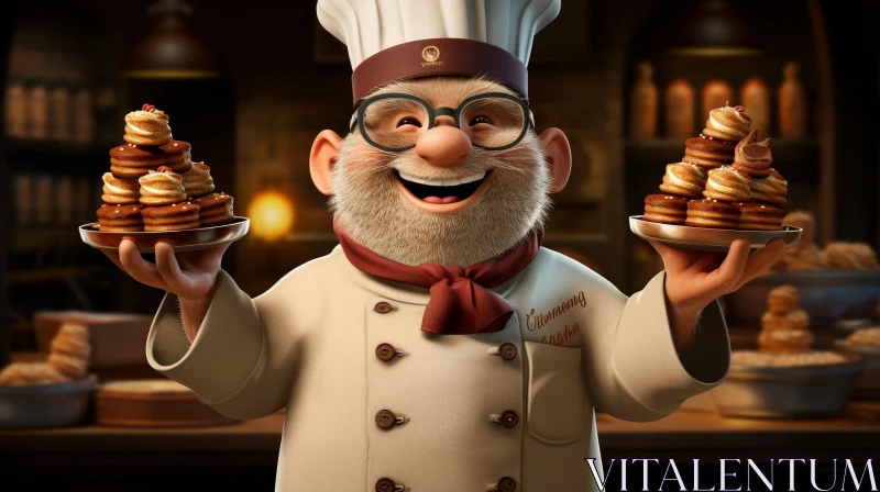 Cartoon Chef Holding Pastries in Kitchen AI Image