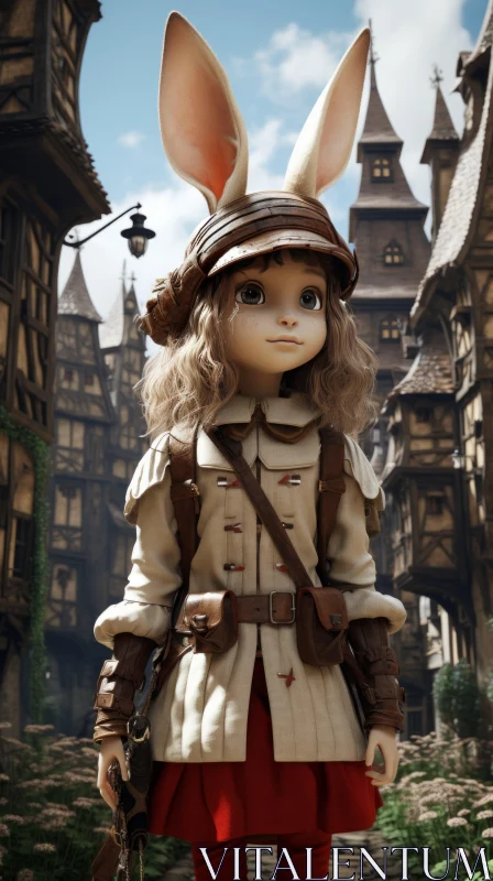 Charming Child in Rabbit Costume | Fantasy Cityscape Artwork AI Image