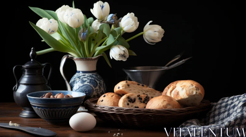 Charming Rural Kitchen Scene with Fresh Bread and White Tulips AI Image