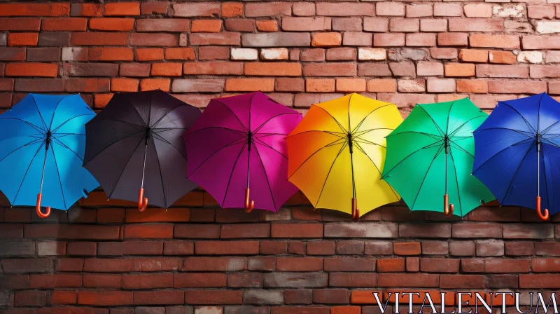 AI ART Colorful Umbrellas on Brick Wall - Artistic Display
