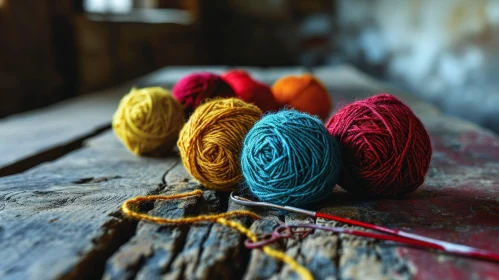 Colorful Yarn and Crochet Hook on a Rustic Wooden Table