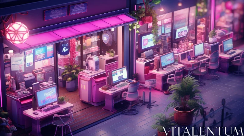 Cyberpunk-Themed Internet Cafe in a Busy City AI Image