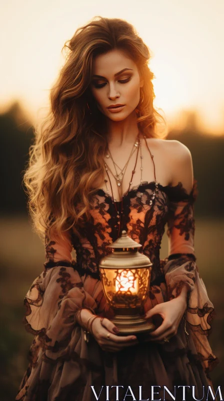 Enchanting Woman in Field with Lantern at Sunset AI Image