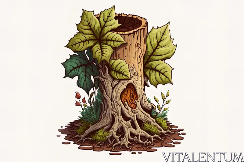 Fantasy Tree Stump Illustration with Eerie Symbolism AI Image