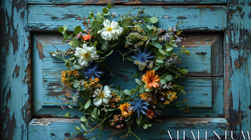 Floral Wreath on Blue Wooden Door AI Image