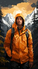 Man in Orange Jacket Standing in Front of Snow-Covered Mountain Range