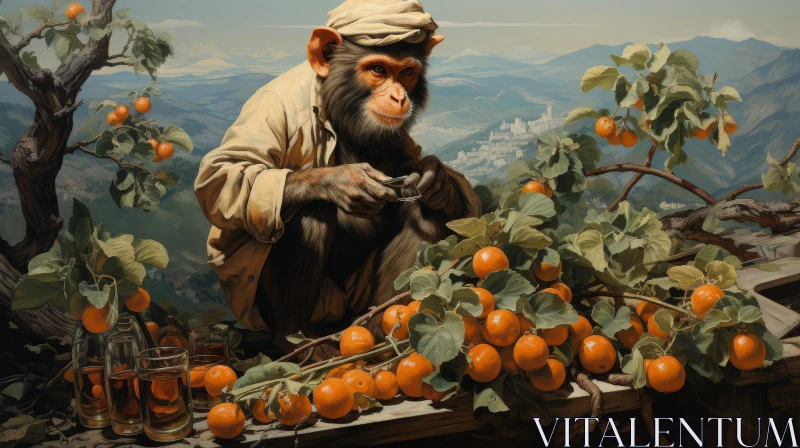 Monkey Painting on Tree Branch with Mountain and City Background AI Image