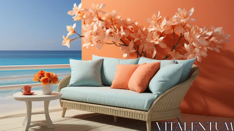 Ocean View Deck Seating Area with Wicker Sofa and Floral Mural AI Image