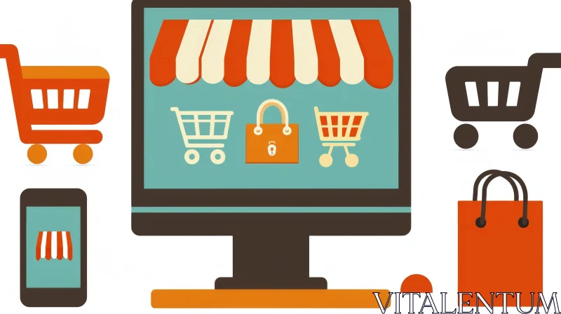 Online Shopping Concept: Vector Illustration of Desktop and Mobile with Shopping Carts AI Image