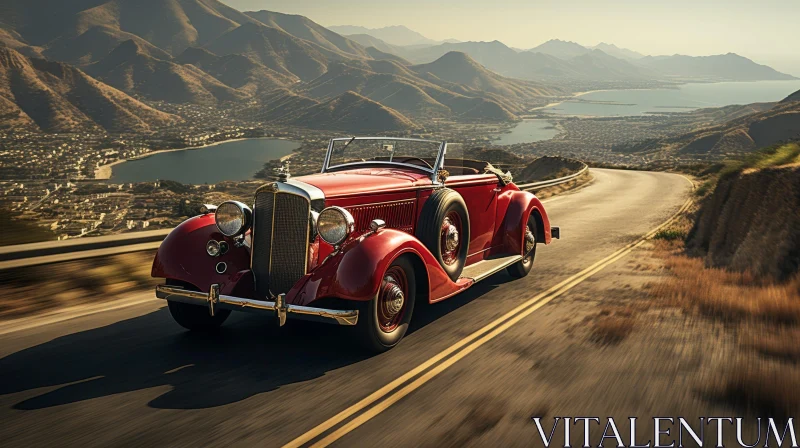 Red Vintage Car Driving on Mountain Road AI Image