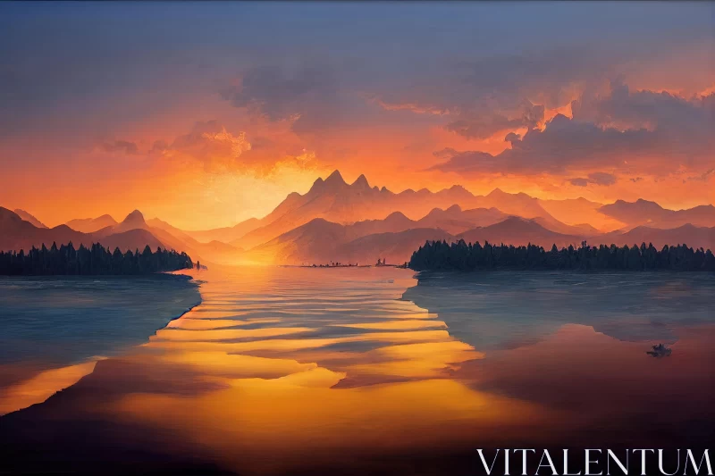 Serene Lake View at Sunset: Oil Painting on Canvas AI Image
