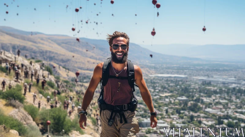 Smiling Hiker in Mountain Landscape AI Image