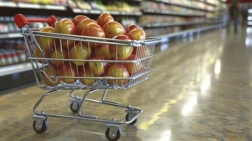 Vivid Shopping Experience: Red Apples in a Metal Cart at the Supermarket