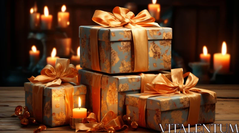 Warm Glow of Celebration: Festive Gifts on Wooden Table AI Image