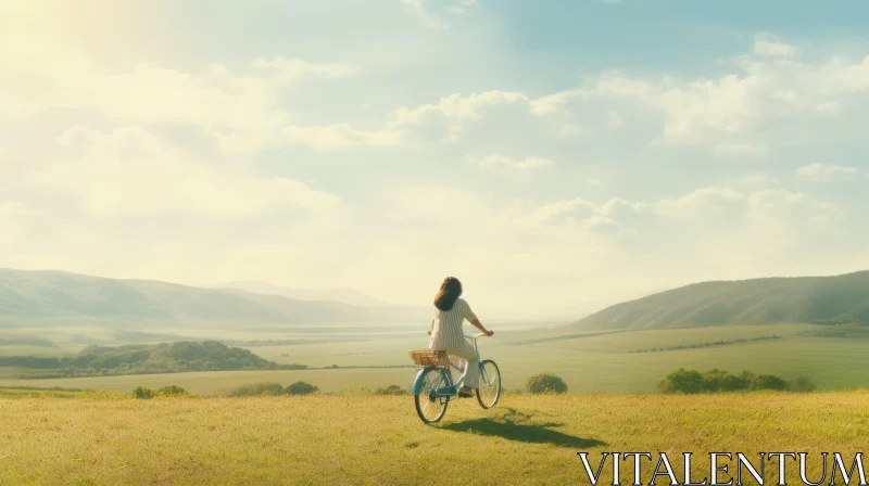 Woman Riding Bicycle in Serene Rural Landscape AI Image