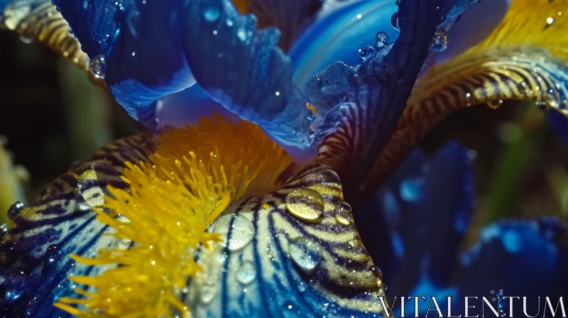 Blue and Yellow Iris Flower Close-Up | Wet Petals | Raindrops AI Image