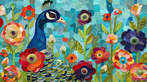 Colorful Peacock in Garden Mosaic - Nature Artwork