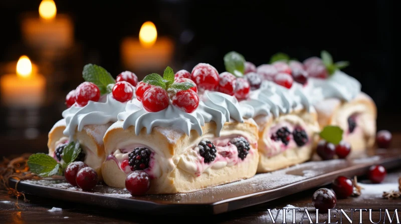 AI ART Delicious Cake Roll with Berries and Mint Leaves