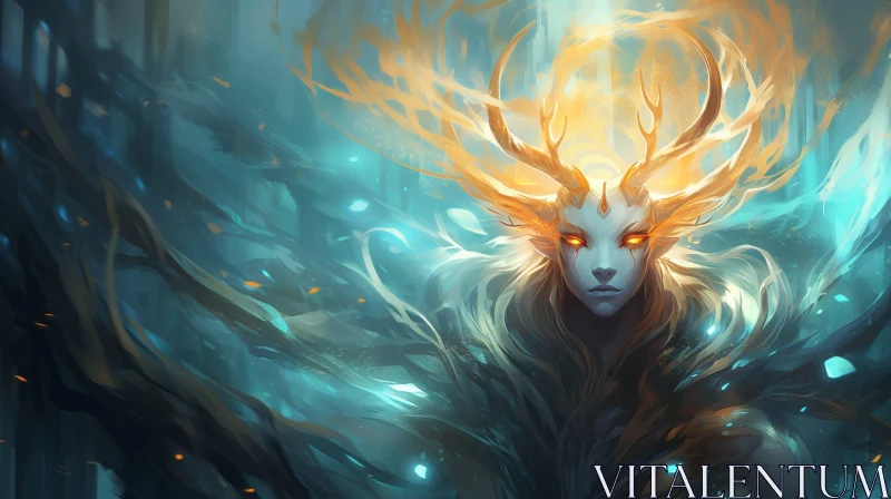 Enchanting Forest Spirit with Golden Antlers AI Image