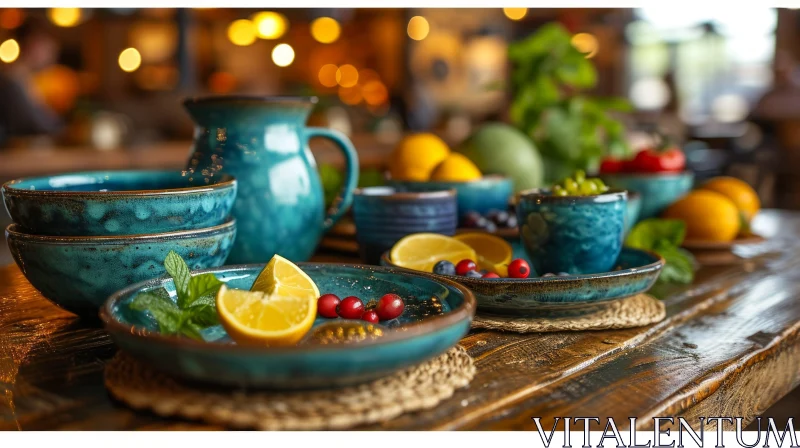 Exquisite Blue Ceramic Dishes and Fruits - Captivating Still Life Composition AI Image