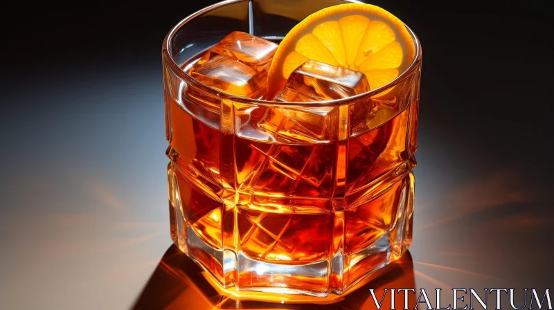 Glass of Whiskey with Lemon Slice - Dark Surface Photography AI Image