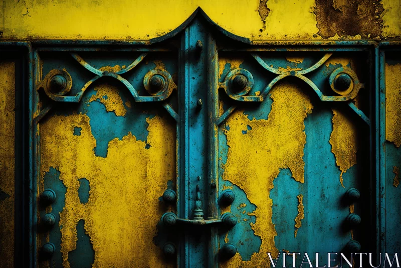AI ART Gothic Dark and Ornate Yellow and Blue Door with Rusty Iron