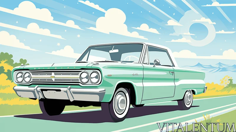 Green Car Driving | Crisp Neo-pop Illustrations | Midcentury Modern AI Image