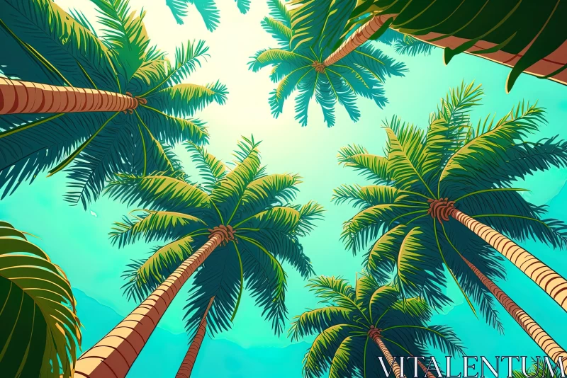 Intricate Cartoon Palm Trees in a Bright Sunny Sky - Detailed Dreamscapes AI Image