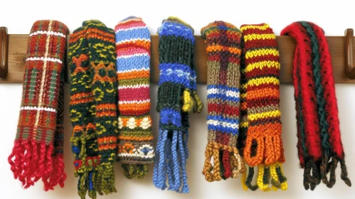 Knitted Scarves | Colorful Patterns | Wool | Wooden Rack