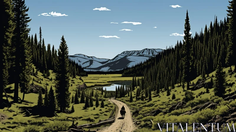 Mountain Landscape Illustration with Cowboy on Horse AI Image