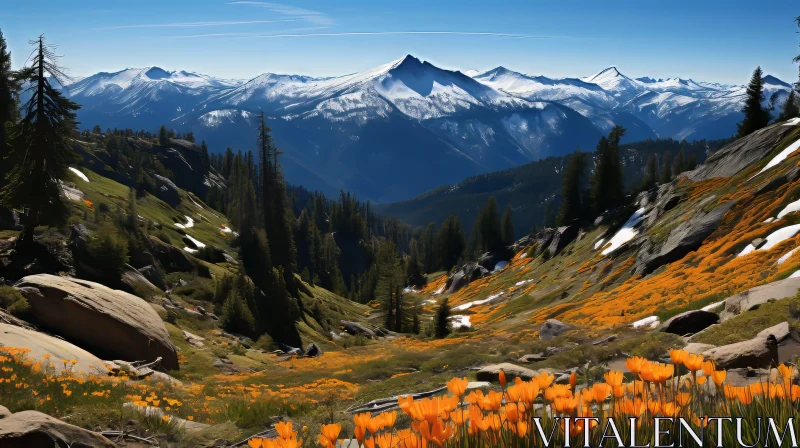 Mountain Valley Landscape with Colorful Wildflowers AI Image