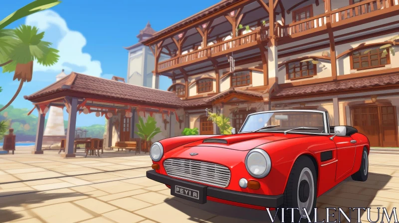 Red Vintage Car in Courtyard - Architectural Beauty AI Image