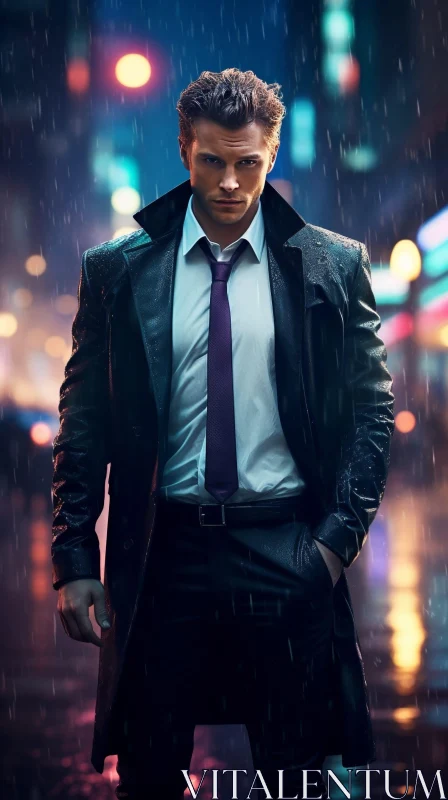 AI ART Serious Young Man in Black Suit Standing in Rain