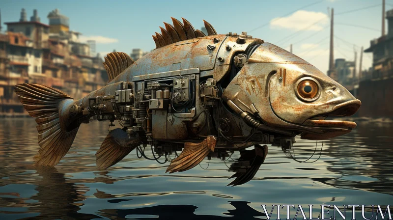 Steampunk Fish Soaring Over Cityscape - Artistic Irony and Precision AI Image
