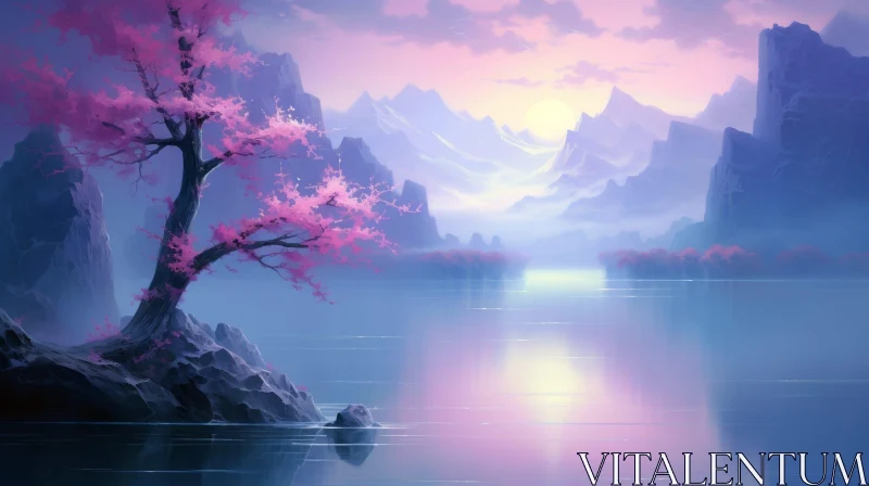 Tranquil Cherry Blossom Landscape Painting AI Image
