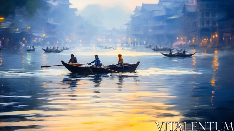 Tranquil River Boat Painting AI Image