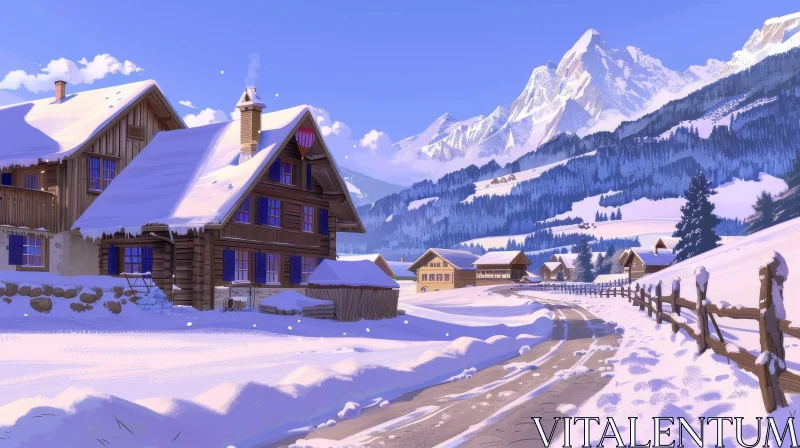 AI ART Winter Mountain Village Landscape