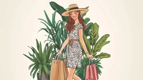 Young Woman Walking in Lush Tropical Garden - Digital Illustration