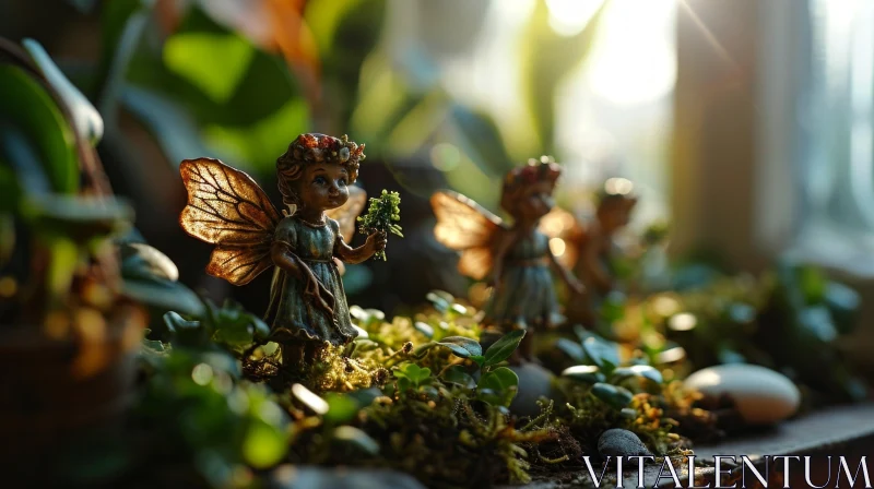 Enchanting Fairy Garden with Green-dressed Fairies AI Image