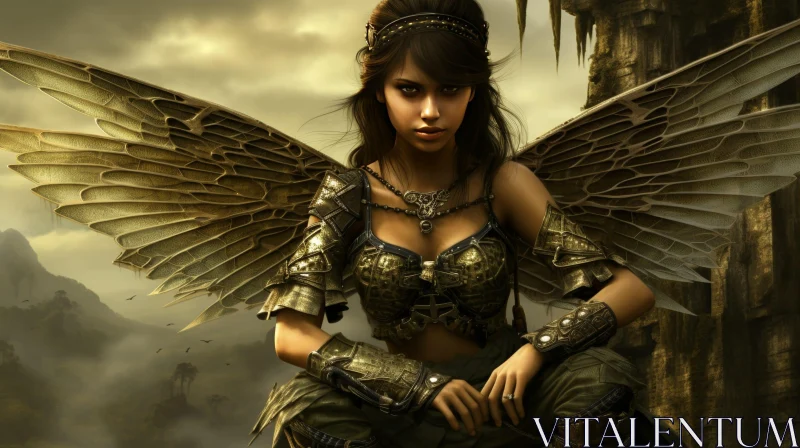 Enchanting Fantasy Woman with Armor and Wings AI Image