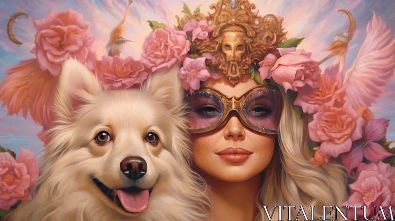 Enchanting Woman Portrait with Crown and Dog AI Image