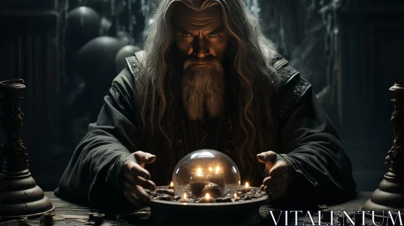 AI ART Enigmatic Wizard in Dark Room with Crystal Ball