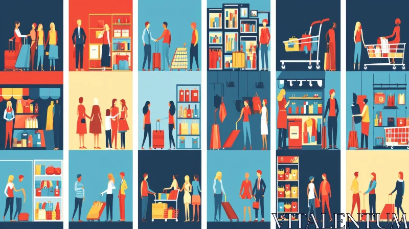 Flat Design Illustrations of People Shopping in Various Stores AI Image
