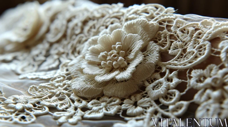 Intricate Embroidered Flower on White Lace | Delicate Floral Art AI Image