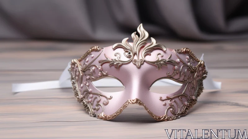 Pink and Gold Venetian Mask on Wooden Table AI Image