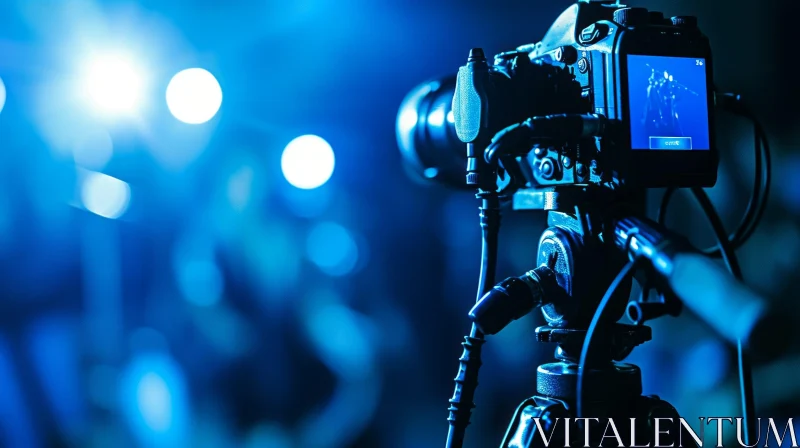 Professional Camera Recording Live Performance on Stage | Blurred Blue Background AI Image