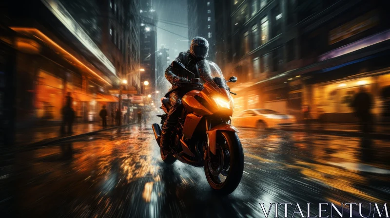 Rainy Motorcycle Rider in Motion AI Image