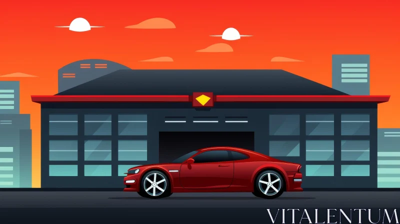 AI ART Red Sports Car Illustration Parked in Front of Building